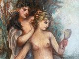 a painting of a woman combing another woman ' s hair