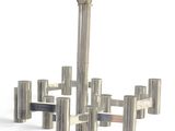 a large metal chandelier with a wooden pole