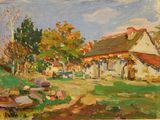 une peinture à l'huile représentant une maison dans un champ, avec des arbres et des rochers