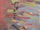 a painting of a bird flying over a body of water