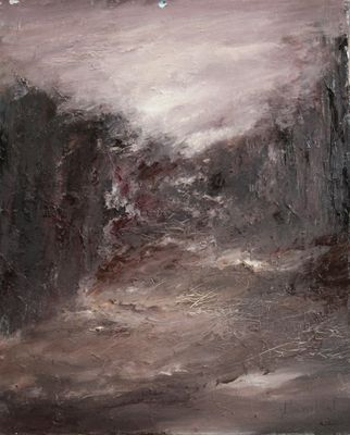 an oil painting of a dark landscape with trees in the foreground