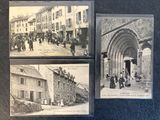 three old black and white photos of people walking in front of a building