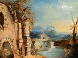 a painting of a landscape with a river in the foreground