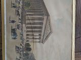 an old picture of a picture of a building on a wooden floor
