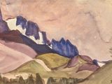 peinture d'une chaîne de montagnes avec de la neige au sommet