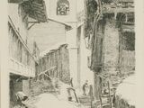 une image représentant un dessin d'une rue avec une église en arrière-plan