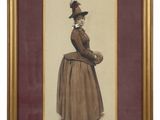 an old fashion picture of a woman in a brown dress and hat