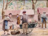 un tableau représentant un homme vendant des fleurs à une femme