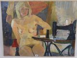 painting of a woman sitting at a table in front of a sewing machine