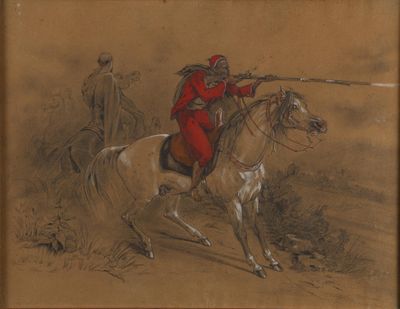 drawing of a man on a horse with a spear in his hand and another man on a horse with a spear in his hand