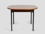 a round dining table with black legs and a wooden top