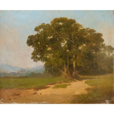 une peinture représentant un arbre dans un champ, avec un chemin de terre