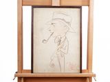 dessin représentant un homme fumant la pipe devant un chevalet