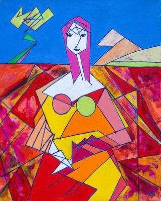 peinture abstraite représentant une femme en robe rouge tenant un oiseau dans la main