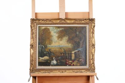 une photo d'un tableau posé sur un chevalet, sur fond blanc