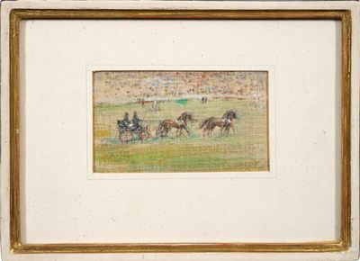 painting of a group of people riding horses in a field