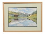 framed watercolor painting of a mountain scene with a lake in the foreground