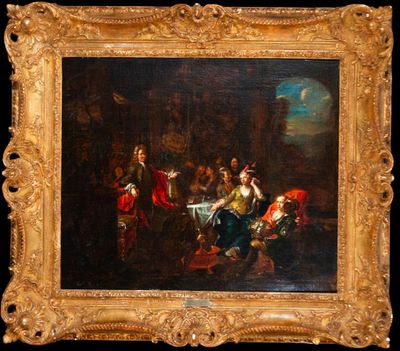an oil painting of a group of people sitting around a table
