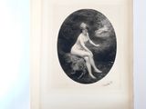 an old black and white photo of a naked woman sitting on a rock