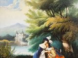 a painting of a couple sitting on a bench by the water