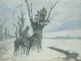 un tableau représentant un homme à cheval près d'un arbre