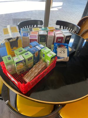 a table with a bunch of boxes of food on it