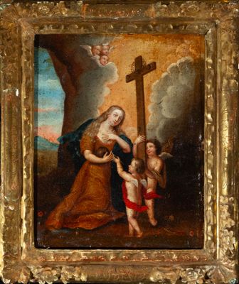 un vieux tableau représentant une femme tenant un enfant et une croix