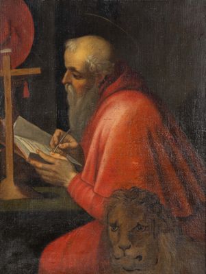 an image of a painting of a man with a book and a lion