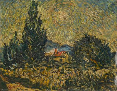 une peinture d'un paysage avec des arbres et une maison au loin