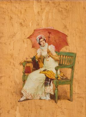 un tableau représentant une femme assise sur un banc, un parapluie à la main