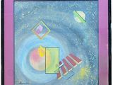 painting of a space station in a purple frame with a pink background