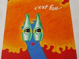 an image of a painting of two bottles of beer on a red background