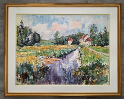 aquarelle représentant une maison dans un champ traversé par un ruisseau