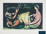 a painting of two people playing instruments in a park