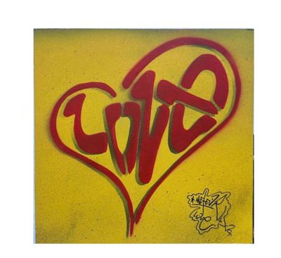 peinture représentant un cœur rouge avec le mot « amour » sur fond jaune