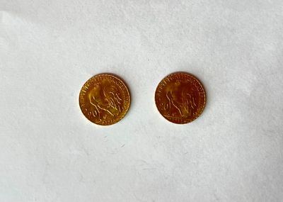 deux pièces d'or posées l'une sur l'autre sur une surface blanche