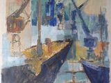 un tableau représentant un bateau dans un port, avec d'autres bateaux dans l'eau