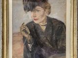 tableau représentant une femme portant un chapeau noir et des gants