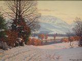 tableau représentant un paysage enneigé avec une rivière et des montagnes en arrière-plan