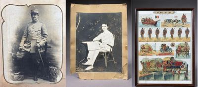 several old photos of a man sitting in a chair next to a picture of a horse drawn carriage