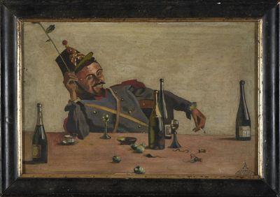 an image of a painting of a man sitting at a table with a bottle of wine in front of him