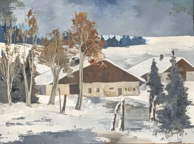 a painting of a farm in the snow with trees in the foreground