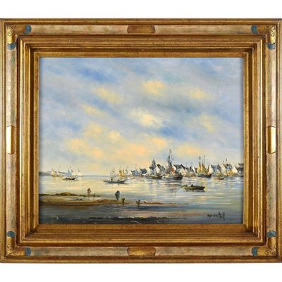 an oil painting of boats on the water with a sky in the background