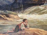 a painting of a man sitting on a rock in the water