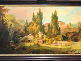 une peinture à l'huile représentant une scène de jardin avec une statue au premier plan