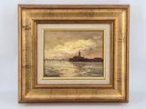 a painting of a boat in the water with a lighthouse in the background