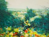 une peinture à l'huile représentant un champ avec des fleurs et des arbres en arrière-plan