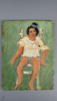 une peinture à l'huile représentant une femme assise sur une chaise dans une pièce verte