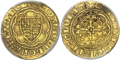 a gold coin with a coat of arms on it