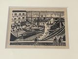 un dessin en noir et blanc représentant un port avec des bateaux